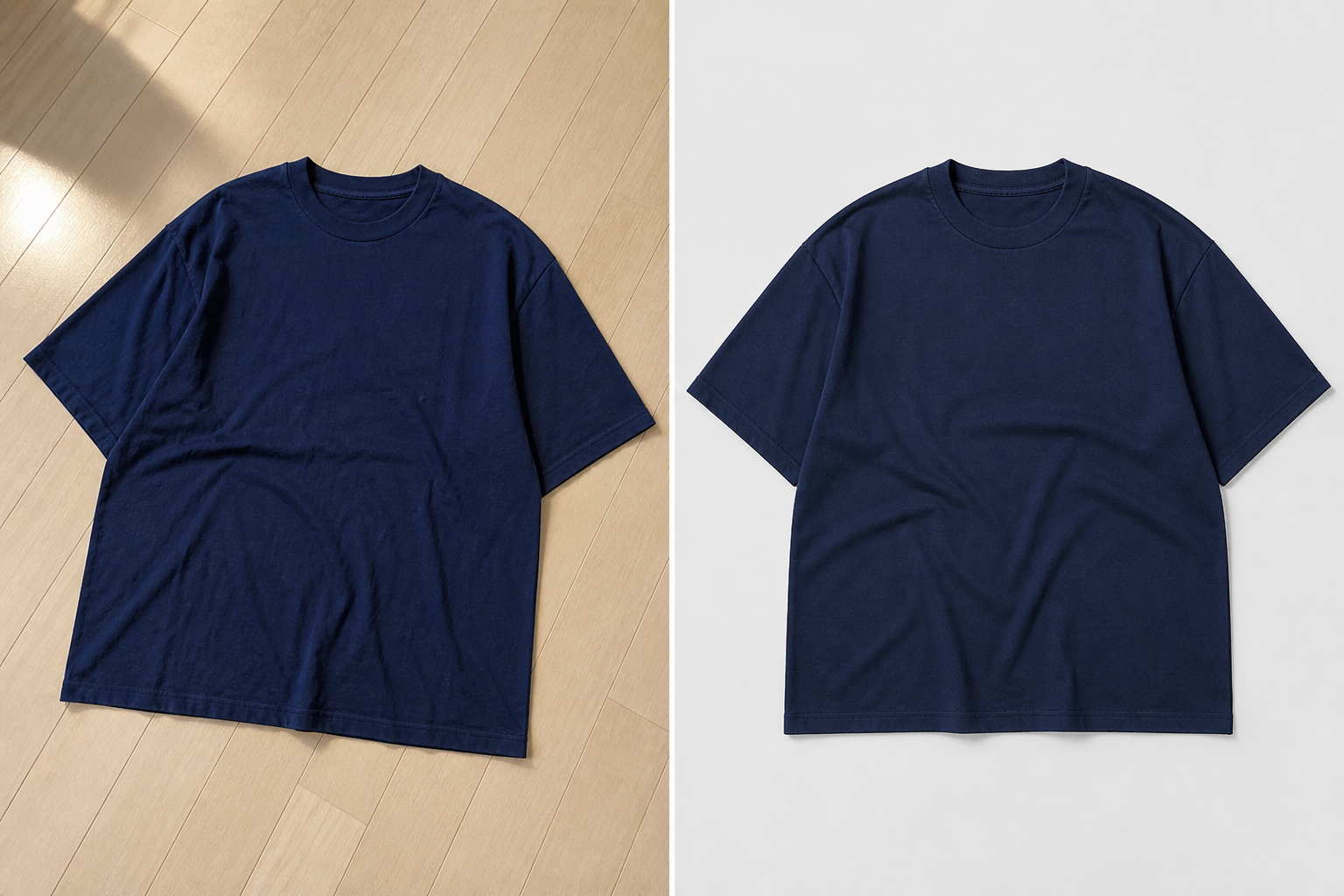 スマホで撮影した服の写真とAIで整えた平置き物撮り画像の比較